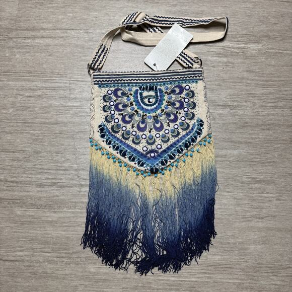 Labellum Bags NWT Beaded Fringe Blue Crossbody Boho by Hillary Scott - Picture 1 of 6